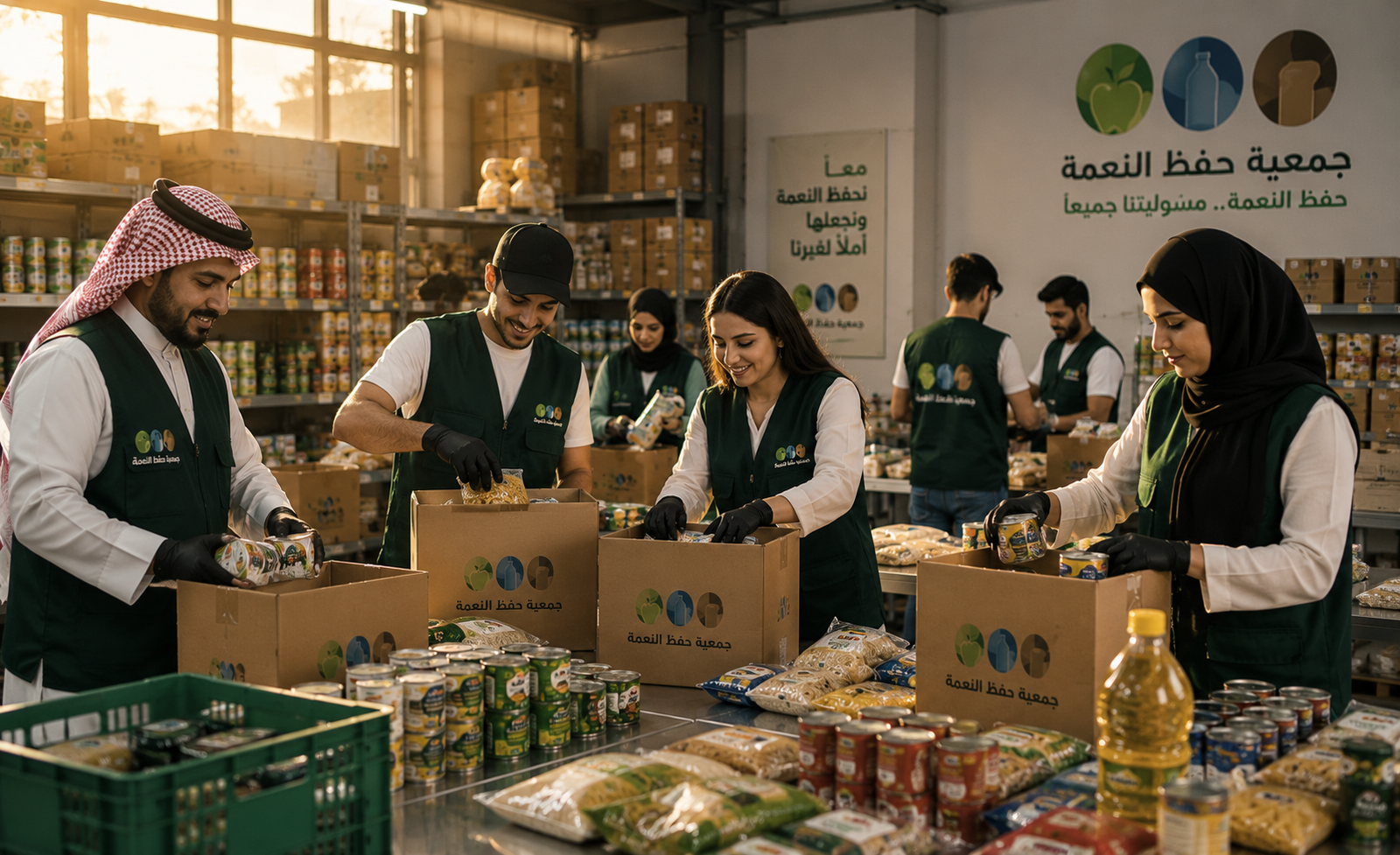 متطوعون يقومون بفرز وتجهيز المواد الغذائية في مستودع الجمعية